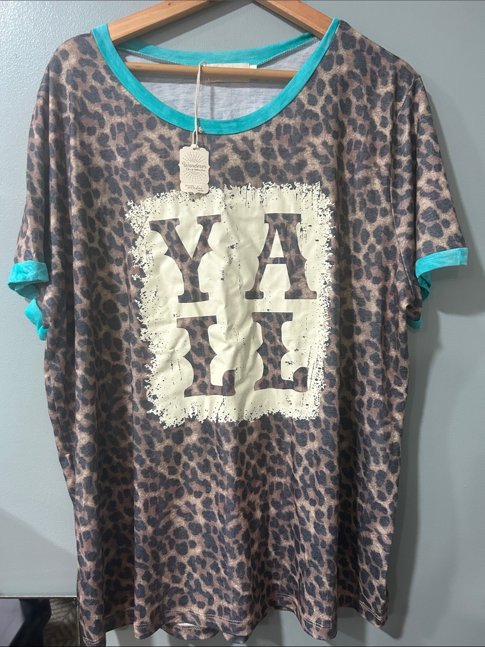 Southern Grace Leopard 'YALL' Short Sleeve Tee with Turquoise Trim